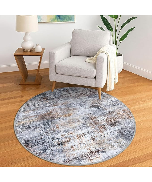 IOHOUZE Round Area Rug 5 Ft Circle Entryway Rugs Round Washable Door Mat Indoor Entrance, Non Slip Circle Front Door Rug, Printed Abstract Faux Wool Floor Carpet for Foyer Porch Sink, Orange Grey