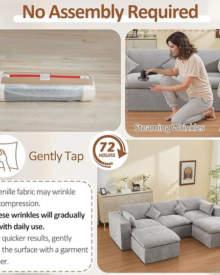 115'' Cloud Boneless Sectional Couch, Modular Sectional Sofa Deep Seat with 2 Ottomans, Oversized Upholstered Convertible Comfy 5 Seater Chenille Sofa U Shape Couches for Living Room, Light Grey