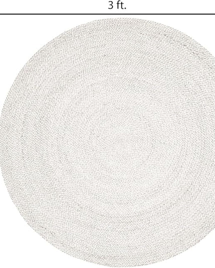 FRELISH DECOR Handwoven Jute Area Rug - Off-White Round Rustic Vintage Beige Braided Reversible Rug - Eco Friendly Rug for Bedroom - Kitchen - Living Room - Farmhouse (3' Round - Off-White)