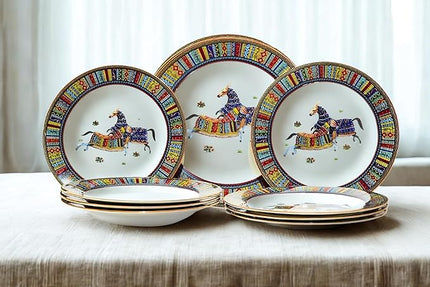 Porcelain Dinnerware Set for 4-20 Piece Luxury Greek Horse Cheval Banquet Dinner Set - Elegant Design - Plates and Cups with Saucers - Dining Set for Everyday Use or Formal Occasions