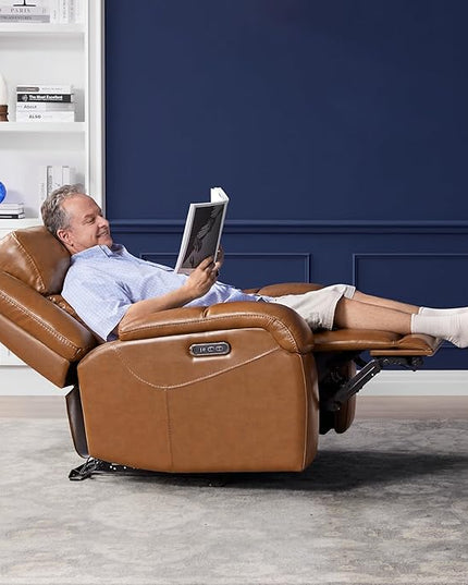 Watson & Whitely Genuine Leather Power Recliner Chairs for Adults, Wall Hugger RV Recliner with Power Headrest & Charging Ports, Electric Recliner Sofa Chair for Living Room, Saddle Brown