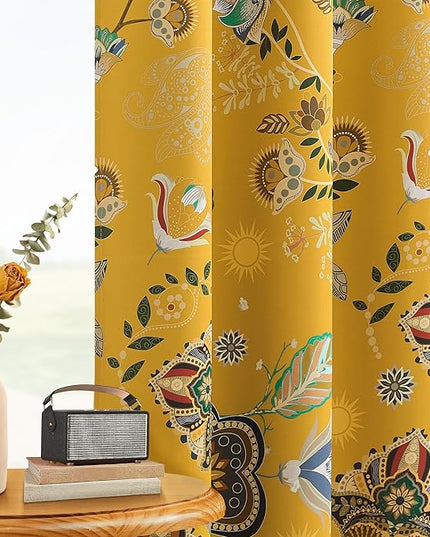XiDi Mustard Yellow Floral Blackout Curtains Thermal Insulated Noise Reducing Botanical Flower Leaf Printed Curtains Modern Farmhouse Grommet Window Treatment 63 Inch Length 2 Panels Bedroom 52x63