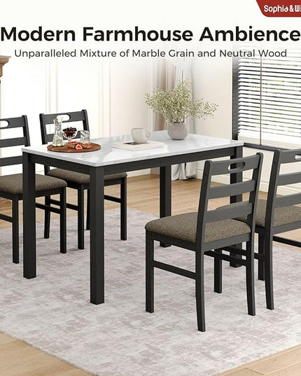 Sophia & William 5 Piece Dining Table Set for 4, Faux Marble Kitchen Table and Chairs Set, Solid Wood Farmhouse Dinner Table Set,Venatino White Marble & Black