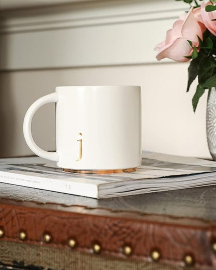 COLLECTIVE HOME - Monogram Ceramic Mugs, 15 oz Golden Initial Coffee Cups, Elegant Alphabet Tea Mugs, Elegant Personalized Mug with Gift Box, Luxurious Cups for Office and Home (j)