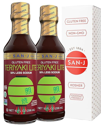 San-J - Gluten Free LITE Teriyaki Sauce with 50% Less Sodium - Well-balanced Sauce for Cooking - Non-GMO - 10 oz. Bottles - 2 Pack