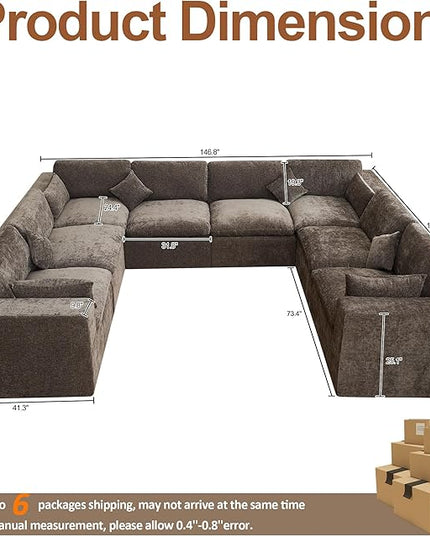 155''Cloud Boneless Sectional Couch, Modular Sectional Sofa Deep Seat, Oversized Upholstered Convertible Comfy 8 Seater Chenille Memory Foam Sofa U Shape Couches for Living Room, Brown