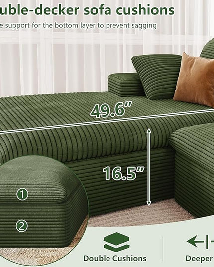 136" Cloud Couch Modular Sectional Sofa for Living Room, L-Shape Boneless Couch with Deep Seat, Modern Corduroy 4-Seater, No Assembly Required (Green,Left-Facing Chaise)