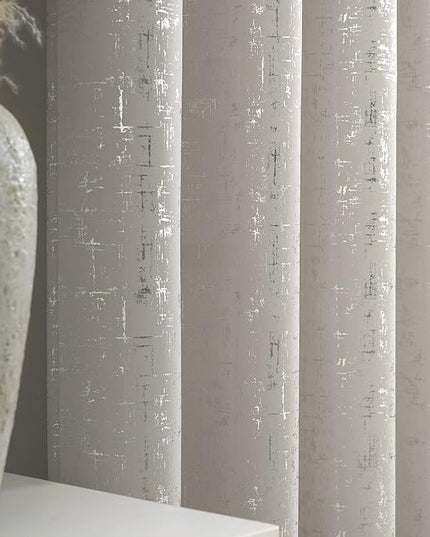 Taisier Home Silver Foil Print Linen Textured Curtains - Geometric Dots Pattern Design for Nursery, Toy Room - Thermal Insulated Window Treatment, 2 Panels, 54" L, Beige and Silver