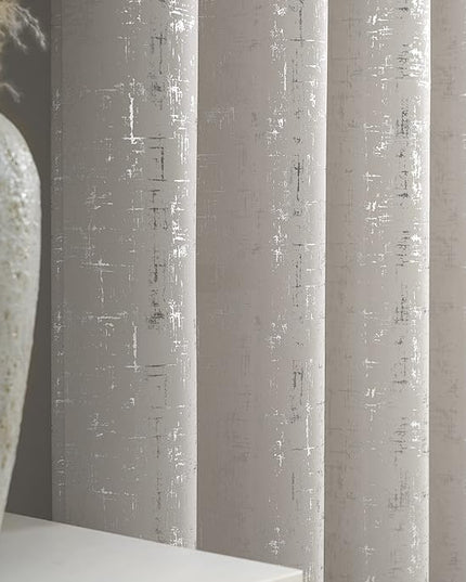 Taisier Home Silver Foil Print Linen Textured Curtains - Geometric Dots Pattern Design for Nursery, Toy Room - Thermal Insulated Window Treatment, 2 Panels, 63" L, Beige and Silver
