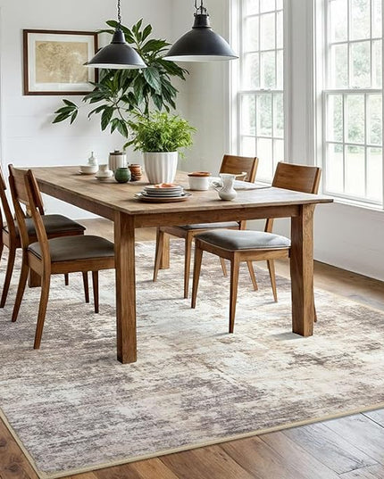 IOHOUZE Abstract Area Rugs 6x9 Ft Washable Rugs for Living Room, Non Slip Dining Room Rug Printed Faux Wool Rugs for Bedroom, Floor Carpet for Office Nursery Playroom, Beige Brown