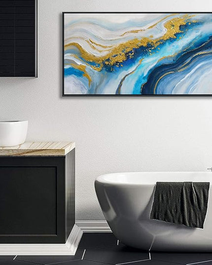 Abstract Canvas Blue Wall Art for Living Room - Modern Gold Wall Art, Office Wall Decor, Above Bed Wall Decor, Large Pictures for Bedroom Framed Artwork for Walls 20×40IN