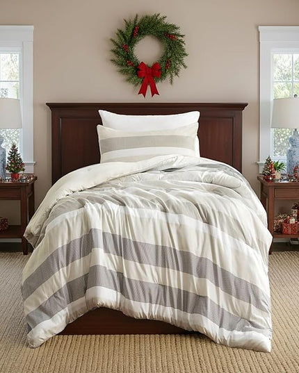 Twin Comforter Set, 2 Pieces Striped Bed Set, Soft Brushed Microfiber Reversible Bedding Set for All Season, Lightweight & Breathable Bedding Set with Comforter & Sham, Neutral