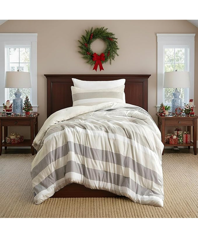 Twin Comforter Set, 2 Pieces Striped Bed Set, Soft Brushed Microfiber Reversible Bedding Set for All Season, Lightweight & Breathable Bedding Set with Comforter & Sham, Neutral