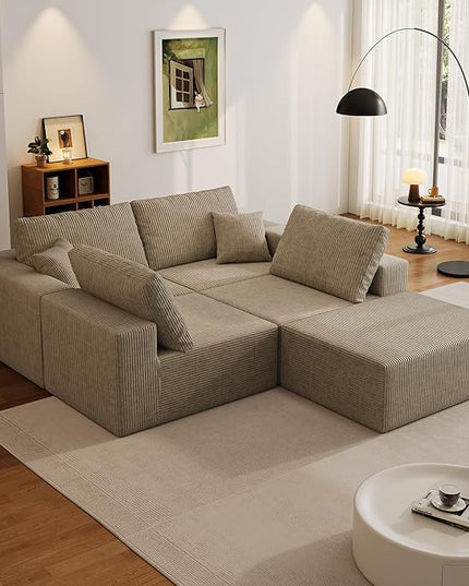 139" Boneless Cloud Sectional Couch for Living Room, Compressed Modular L-Shaped Sofa with Deep Seat, Frameless Corduroy Couch in Boxes, No Assembly Required 4-Seater (Right-Facing Chaise, Grey)