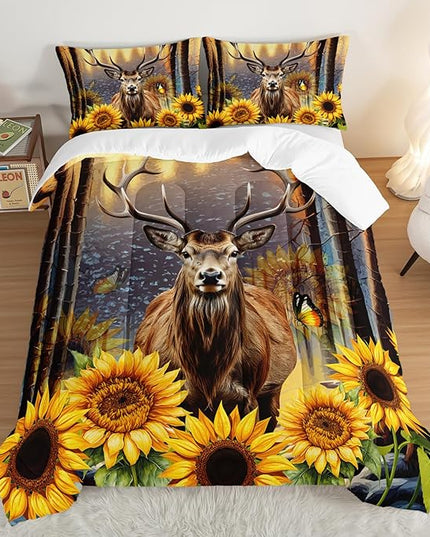 Deer Bedding Sets for Kids Boys Girls Room Decor,Hunting Themed Forest Sunflower Bedding Comforter Sets,Western Comforter Sets Woodland Camo Queen Bedding Set with 2 Pillowcases.