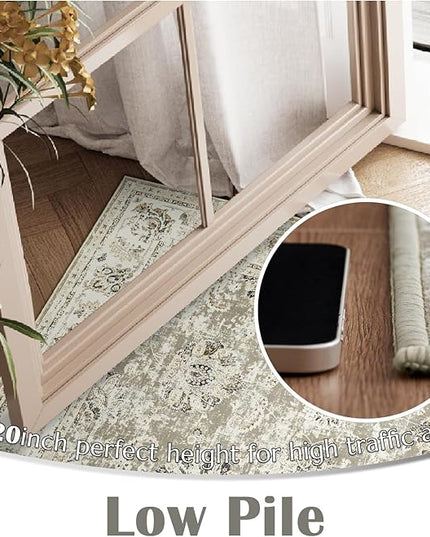 jinchan Fiora Runner Rug 2x6 Washable Hallway Runner - Vintage Floral Non Slip Low-Pile Soft Thin Kitchen Rug Distressed Carpet for Farmhouse Bedroom Entryway Laundry Room(2x6ft, Taupe)