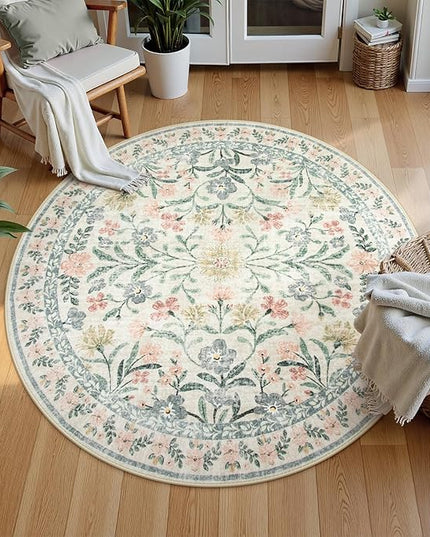 Wonnitar Floral Round Rugs 6ft, Boho Large Machine Washable Circle Rug, Low Pile Soft Flower Botanical Print Beige Round Carpet for Living Room Bedroom Dorm Sunroom