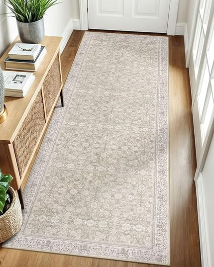 3x8 Washable Runner Rug for Kitchen, Cream Beige White Grey Soft Classic Runner with Non-Slip, Non-Shedding Distressed Floral Rug for Hallways Entryway Bedroom Laundry Indoor