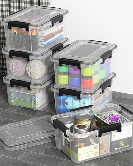 6-Pack 12 Quart Plastic Gasket Box with Seal Lids, Watertight Organizing Tote Container, Stackable Bin with Secure Latching Buckles, Clear