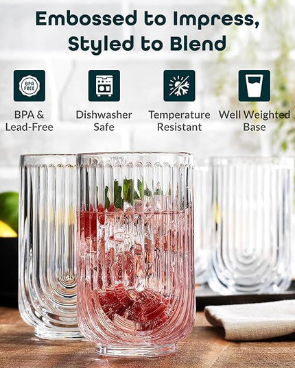 Glaver's Drinking Glasses Set of 8. 17oz Vintage Drinking Cups. Ripple Cocktail Glasses, Ribbed Drinking Highball Glass Cups. Arch Designed Art Deco Glassware for Water Juice Coffee. Package may Vary