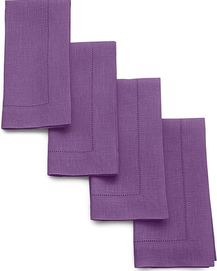 Solino Home Purple Linen Napkins Set of 4-100% Pure Linen Hemstitch Dinner Napkins 20 x 20 Inch for Winter, Holiday, Christmas, New Year - Classic Hemstitch