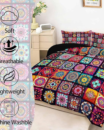 AILONEN Soft Microfiber Full Size Bedding Set,Bohemian Mandala Floral Geometric Comforter with 2 Pillowcases,3-Piece Colorful Flower Duvet Set