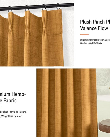 100% Blackout Shield Linen Look Textured Pinch Pleated Curtains Blackout Drapes 84 Inch Long 2 Panels Set, Faux Linen Blackout Curtains for Bedroom & Living Room, 40" W x 84" L, Mustard Yellow