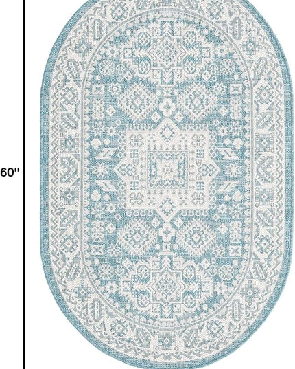 Rugs.com Outdoor Aztec Collection Rug – 3' x 5' Oval Aqua Flatweave Rug Perfect for Living Rooms, Large Dining Rooms, Open Floorplans