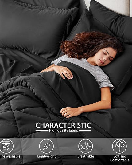 Love's cabin Queen Comforter Set Black, 7 Pieces Queen Bed in a Bag, All Season Bedding Sets with 1 Comforter, 1 Flat Sheet, 1 Fitted Sheet, 2 Pillowcase and 2 Pillow Sham