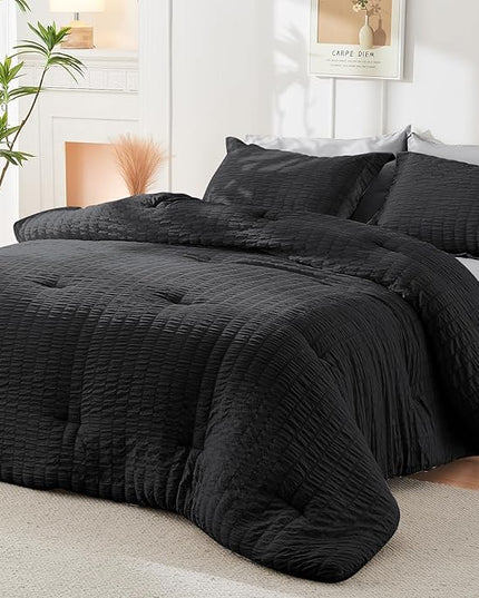 HYMOKEGE Black/Light Grey King Size Comforter Set Seersucker 7 Pieces, All Season Luxury Bed in a Bag for Bedroom, Bedding Set with Comforter, Sheets, Pillowcases & Shams