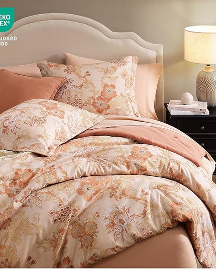 Full Comforter Set -7 Pieces Terrecotta Floral Comforter Set for All Seasons, Bed in a Bag Full with Botanical Flowers Comforter, Sheets, Pillowcases & Shams