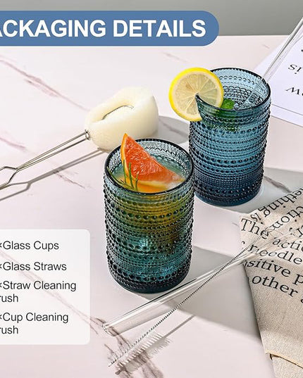 Vintage Glassware Drinking Glasses Set of 6,15 oz Hobnail Glass Cups,Embossed Blue Water Tumbler,for Beer,Cocktail,Whiskey,Juice and Various Mixed Drinks- 1 Cleaning Brush