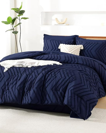 Litanika Super King Size Comforter Set with Sheets Navy Blue - 7 Pieces Bed in a Bag Oversized King Boho Tufted Complete Bedding Sets with Comforter, Sheets, Pillowcases & Shams