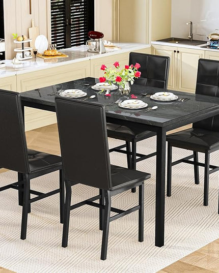 Hooseng Dining Table Set for 4, Modern Faux Marble Kitchen Table with 4 PU Leather Chairs, 5-Piece Small Dining Room Table Set for Dinette, Breakfast Nook, Black
