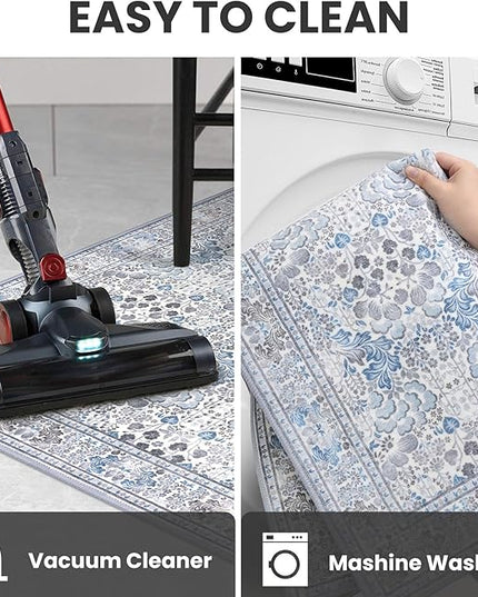 4x6 Modern Rug for Farmhouse, Grey Blue Super Soft Washable Rug with Non-Slip, Low-Pile Indoor Door Area Rugs for Living Room Bedroom, Carpet with Non-Shedding