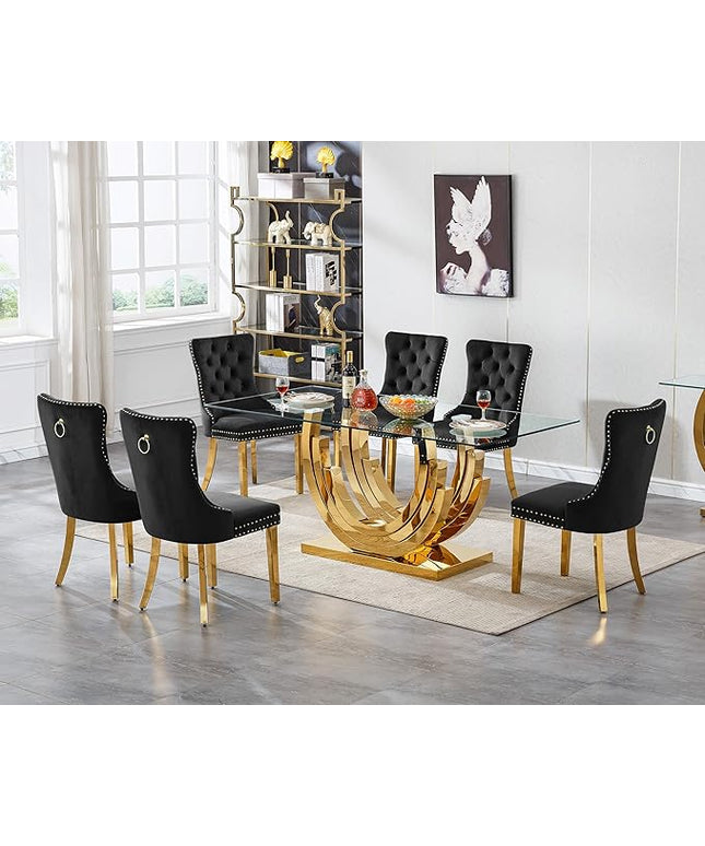 Henf 7-Piece Glass Dining Table Set with 6 Upholstered Dining Chairs, Large Gold Dining Table and Chair Set for 6, Modern Kitchen Table Furniture for Dining Room, Stainless Steel Base and Glass Top