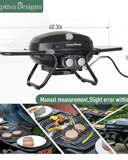 Captiva Designs Portable Propane Grill, 15,000 BTU Output TableTop Liquid Gas Grill with 2 Stainless Steel Burners, 275 sq.in. Cooking Area with Side Tables
