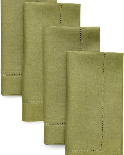 Solino Home Linen Napkins Set of 4 - Classic Hemstitch 100% Pure Linen Avocado Green Dinner Napkins Cloth 20 x 20 Inch for Winter - Handcrafted and Machine Washable