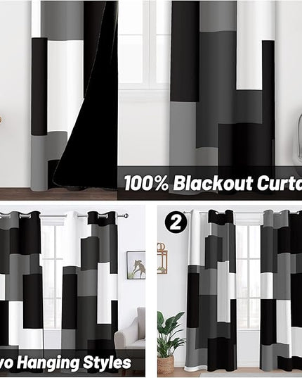 Black Grey 100% Blackout Curtains for Bedroom 72 inch Length 2 Panels Set White Grey Modern Abstract Geometric Black Out Curtains Insulated Room Darkening Window Drapes for Living Room, 42Wx72L