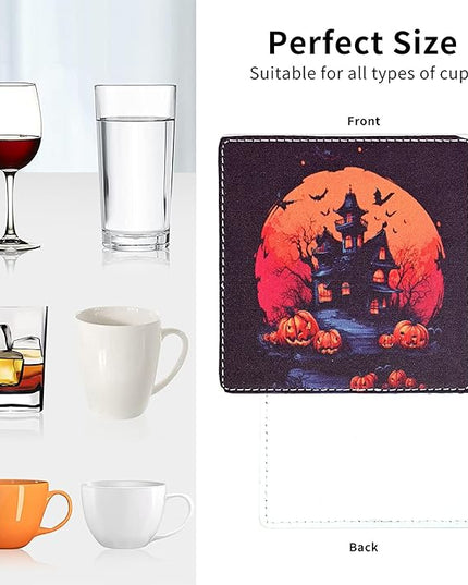 Marble Coasters Square Leather Drinks Coaster Set with Holder for Coffee Table Bar Home Decor 4 Inches Set of 6 (Halloween, One Size)
