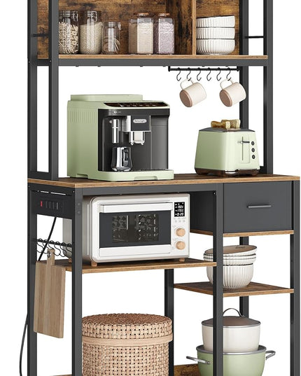 VASAGLE Bakers Rack with Charging Station, Coffee Bar, 15.7 x 31.5 x 71 Inches, Kitchen Microwave Stand, Adjustable Storage Shelves, Fabric Drawer, 12 Hooks, Rustic Brown and Ink Black UKKS015K01