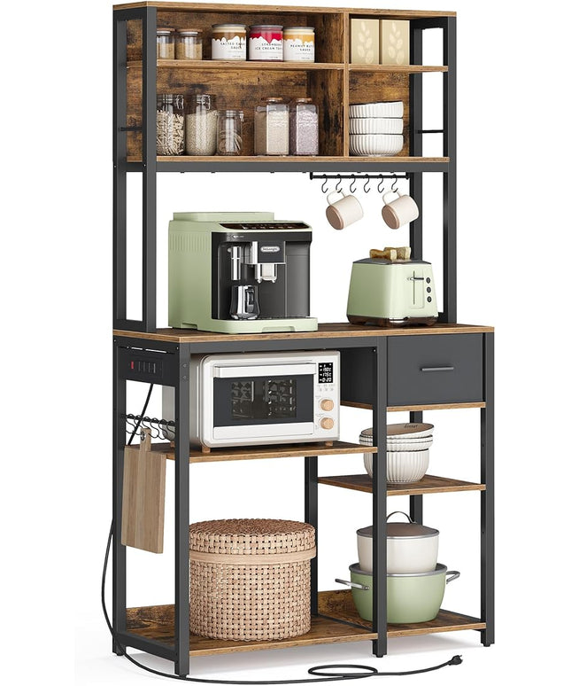 VASAGLE Bakers Rack with Charging Station, Coffee Bar, 15.7 x 31.5 x 71 Inches, Kitchen Microwave Stand, Adjustable Storage Shelves, Fabric Drawer, 12 Hooks, Rustic Brown and Ink Black UKKS015K01