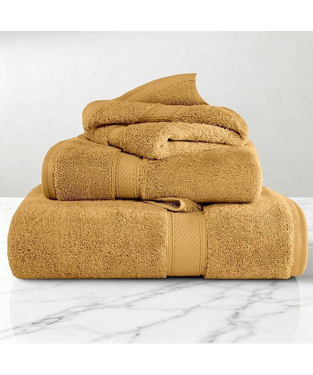 Superior Egyptian Cotton Pile 3-Piece Towel Set, Includes 1 Bath, 1 Hand, 1 Face Towel/Washcloth, Heavyweight, Ultra Soft Luxury Towels, Thick Plush Essentials, Guest Bath, Spa, Hotel Bathroom, Gold
