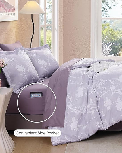 Queen Comforter Set -7 Pieces Floral Purple Comforter Set for All Seasons, Bed in a Bag Queen with Botanical Flowers Comforter, Sheets, Pillowcases & Shams