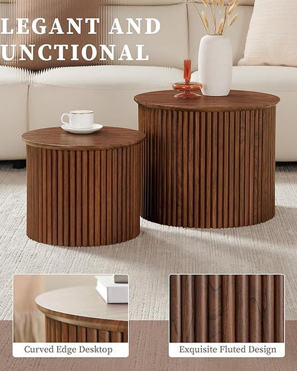 Small Fluted Round Nesting Coffee Table Set of 2, Mid Century Modern Coffee Table Circle Side Table, Wood Nesting Table Farmhouse End Tables Set for Living Room, Bedroom, Small Spaces(Walnut
