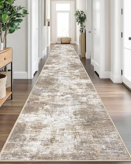 IOHOUZE Abstract Runner Rug 3x20 Ft Extra Long Washable Runners for Hallways, Non Slip Kitchen Runner Printed Faux Wool Entryway Runner Indoor, Modern Abstract Floor Carpet for Hall Stair, Beige Brown