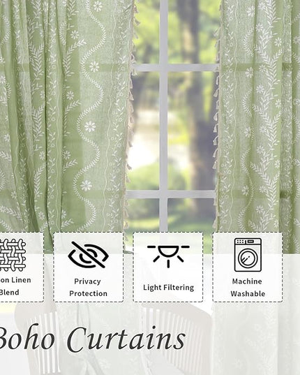 Schweek Sage Green Curtains for Living Room, Boho Semi Sheer Floral Curtains 84 Inches Length 2 Panels, Vintage Farmhouse Printed Patterned Tassels Country Curtain Drapes