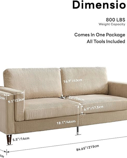 Tbfit 85" Corduroy Couch for Living Room, 3 Seater Mid Century Modern Sofa with Spring Cusions & Extra Deep Seat for Bedroom, Small Comfy Upholstered Couches Easy Assembly with Solid Wood Legs, Beige