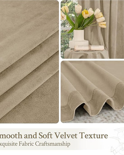 LAMIT Taupe 90 Inch Velvet Curtains for Living Room, Thick Thermal Insulated Room Darkening Drapes Super Soft Elegant Back Tab and Rod Pocket Panels for Sliding Glass Door, 2 Panels, 52 x 90 Inch
