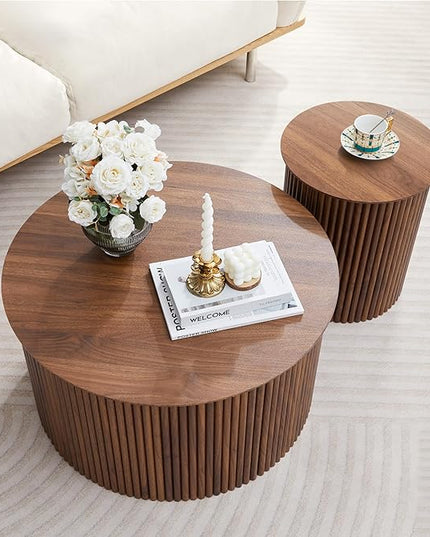 Fluted Round Nesting Coffee Table Set of 2, Mid Century Modern Wood Coffee Table and End Table Set, Minimalist Center Tables Circle Side Table for Living Room, Office(Walnut)